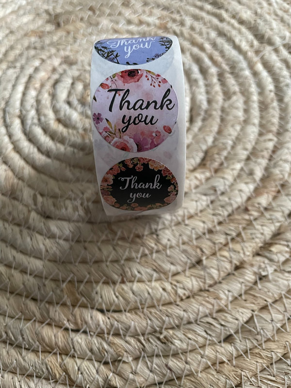 Rol stickers  'thank you' klassieke bloemen - per rol